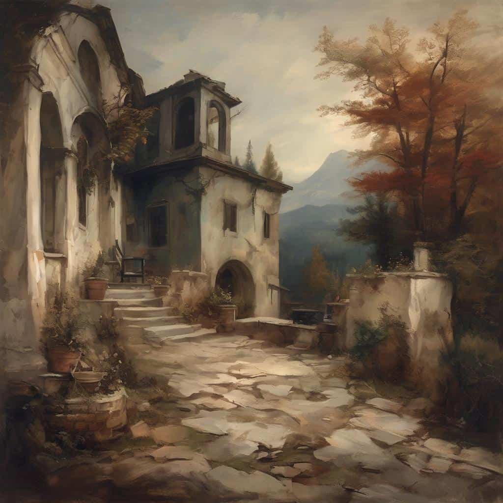 Ρεαλιστική τοπίο με παλιά κατοικία και φθαρμένη πλακόστρωση, αποπνέει ηρεμία και τέχνη.