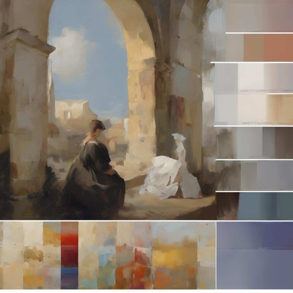 αρχείο τέχνης, εικαστική ποίηση, ζωγραφική σύνθεση, νεαρή γυναίκα διαβάζει, αψίδα και φως, καλλιτεχνική εκφραστικότητα, δημιουργικότητα στην τέχνη.