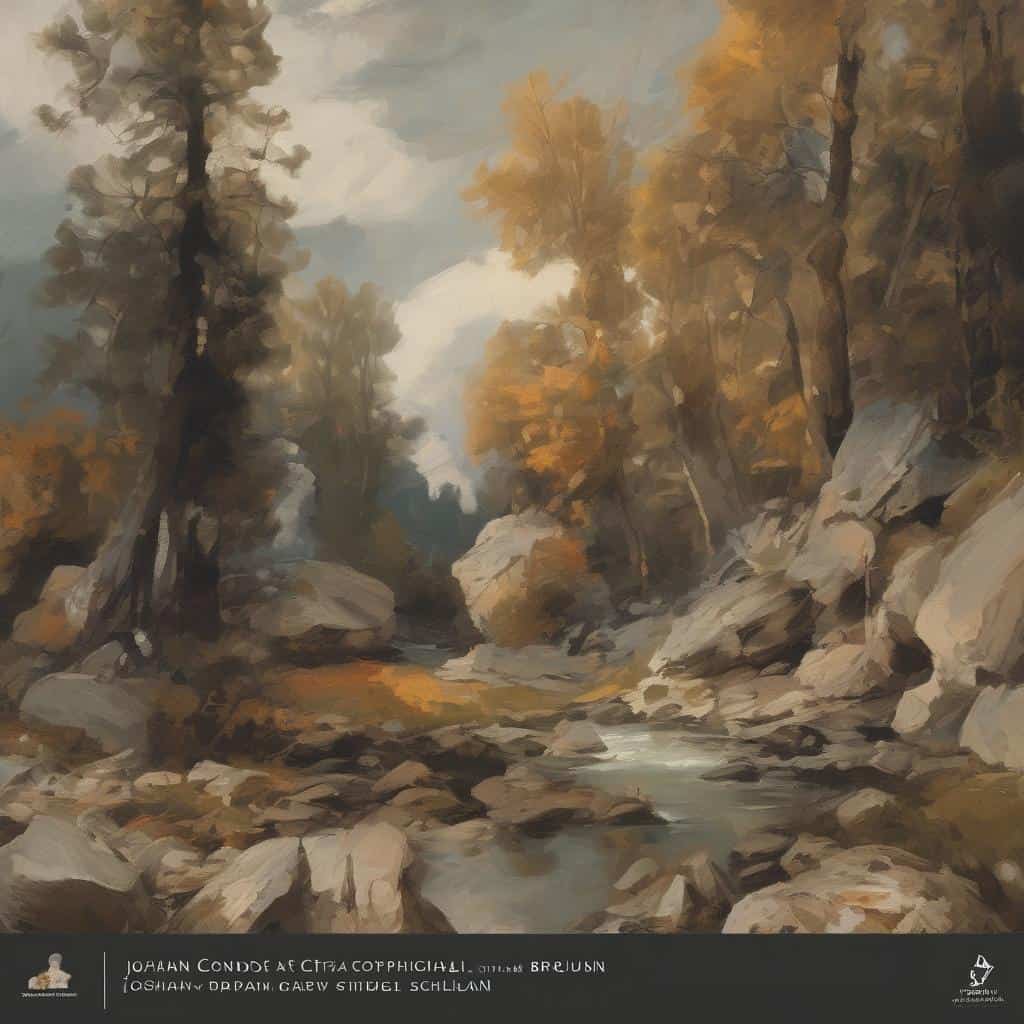 Nature scene with trees and rocky river landscape in warm autumn colors.