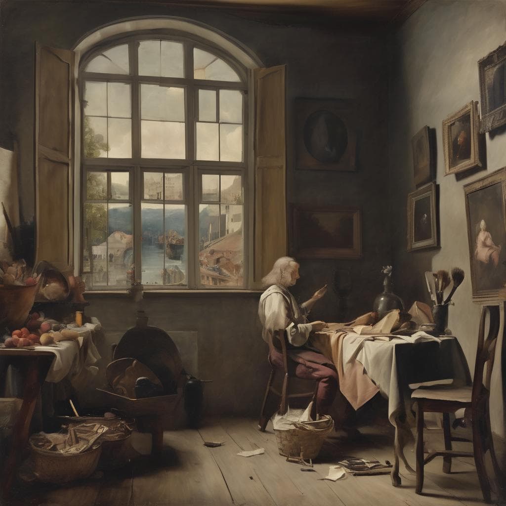 Παραθυρόφυλλα ανοιχτά στον ήλιο, γκαλερί με πίνακες και καλλιτέχνη σε καλαίσθητη ατμόσφαιρα.