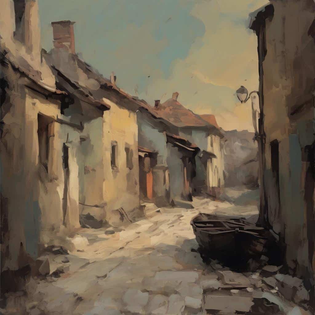 Ρετρό σκηνή με παλιά σπίτια και μικρό καλάθι στην άκρη, με ζωγραφική τεχνική σε ήρεμα χρώματα.