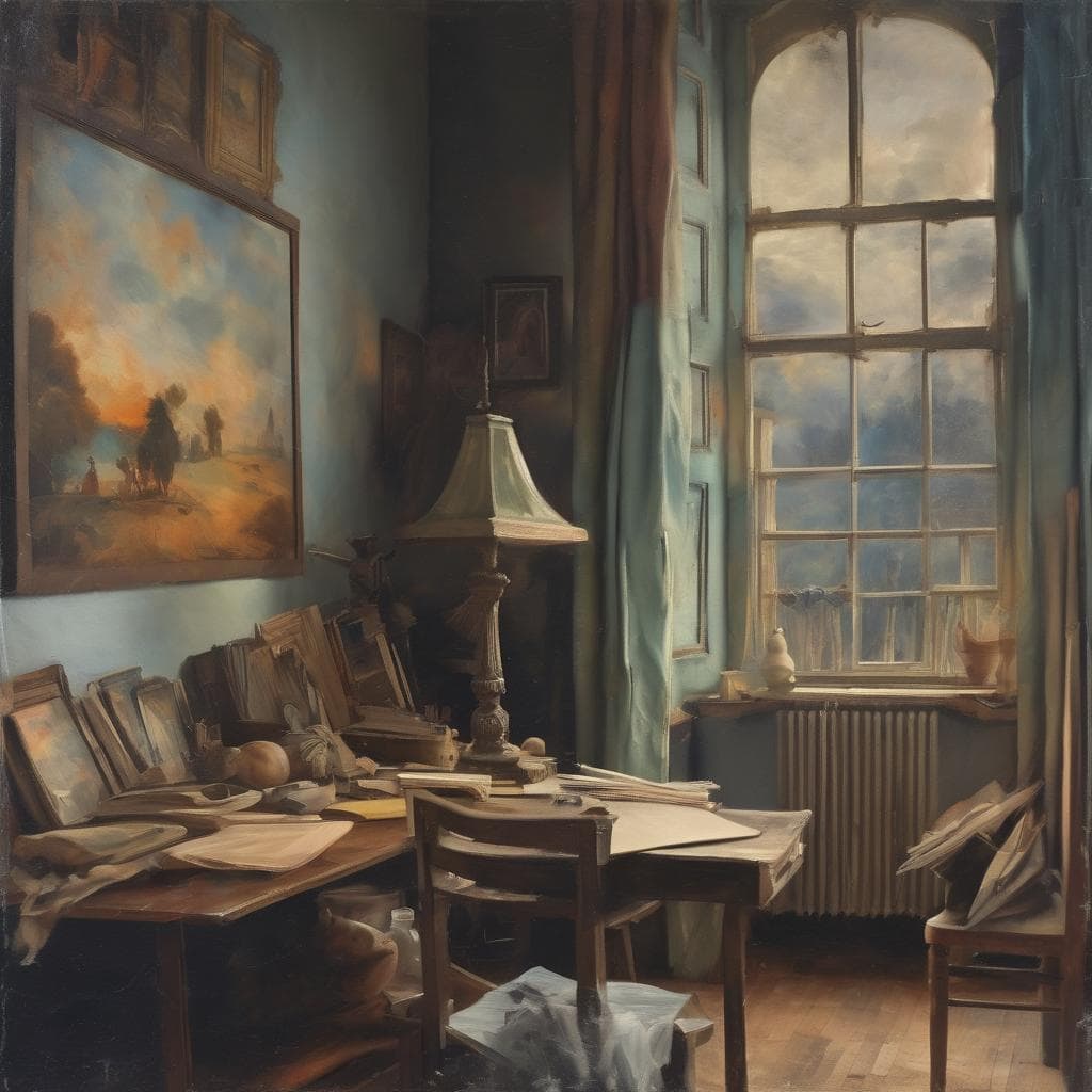 Καλλιτεχνικό δωμάτιο με πίνακες ζωγραφικής και βιβλία, εμπνέει την εικαστική ποίηση και την τέχνη.