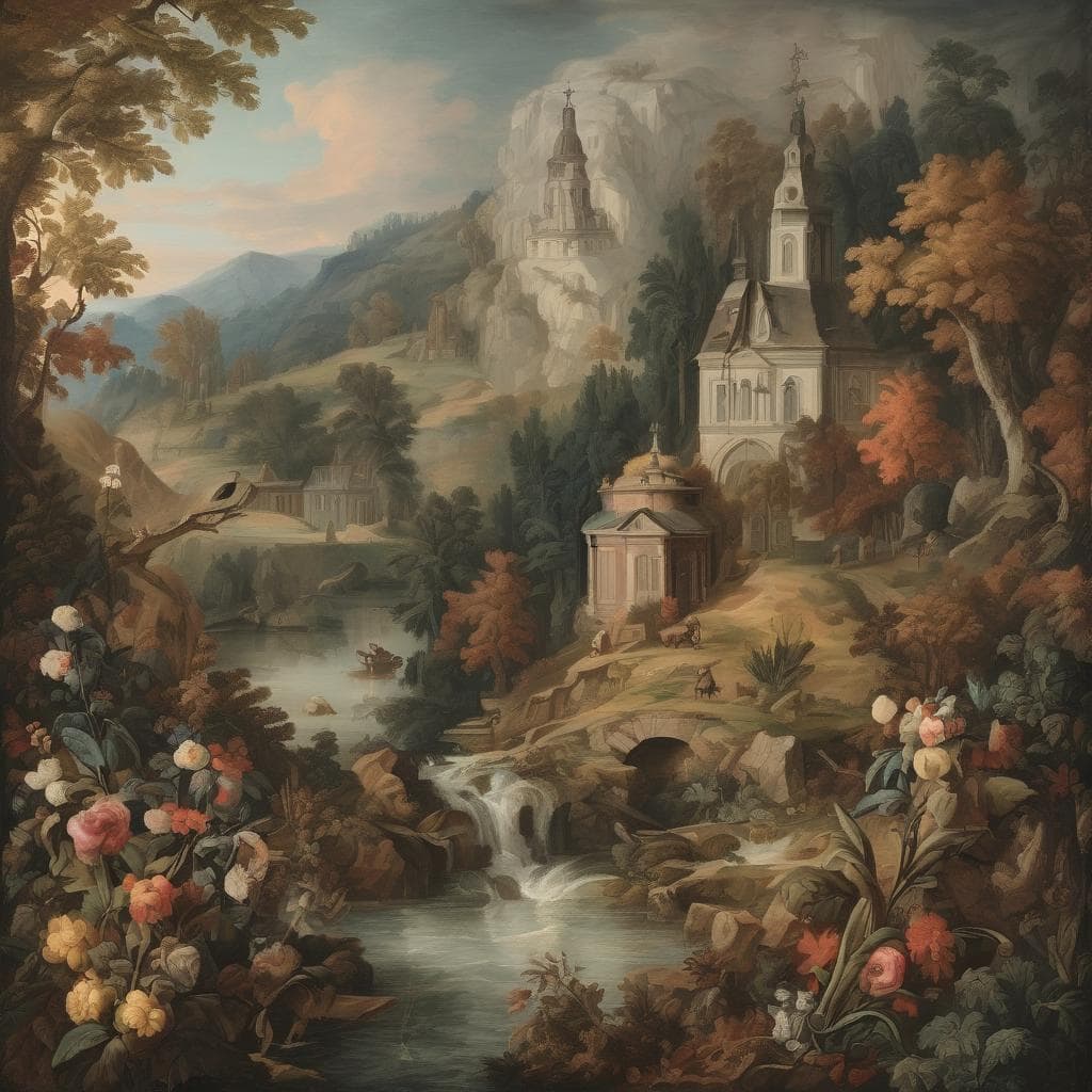 Ομορφία της τέχνης και της εικαστικής ποίησης σε τοπίο με λίμνη, βουνά και εκκλησίες, αναδεικνύοντας την αρμονία τέχνης και φύσης.